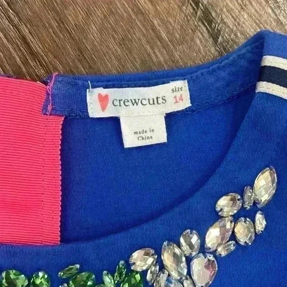 Crewcuts | Jewel Neck T-Shirt Dress Size 14 Girls. Blue w/Clear&Green Jewels - Picture 3 of 8